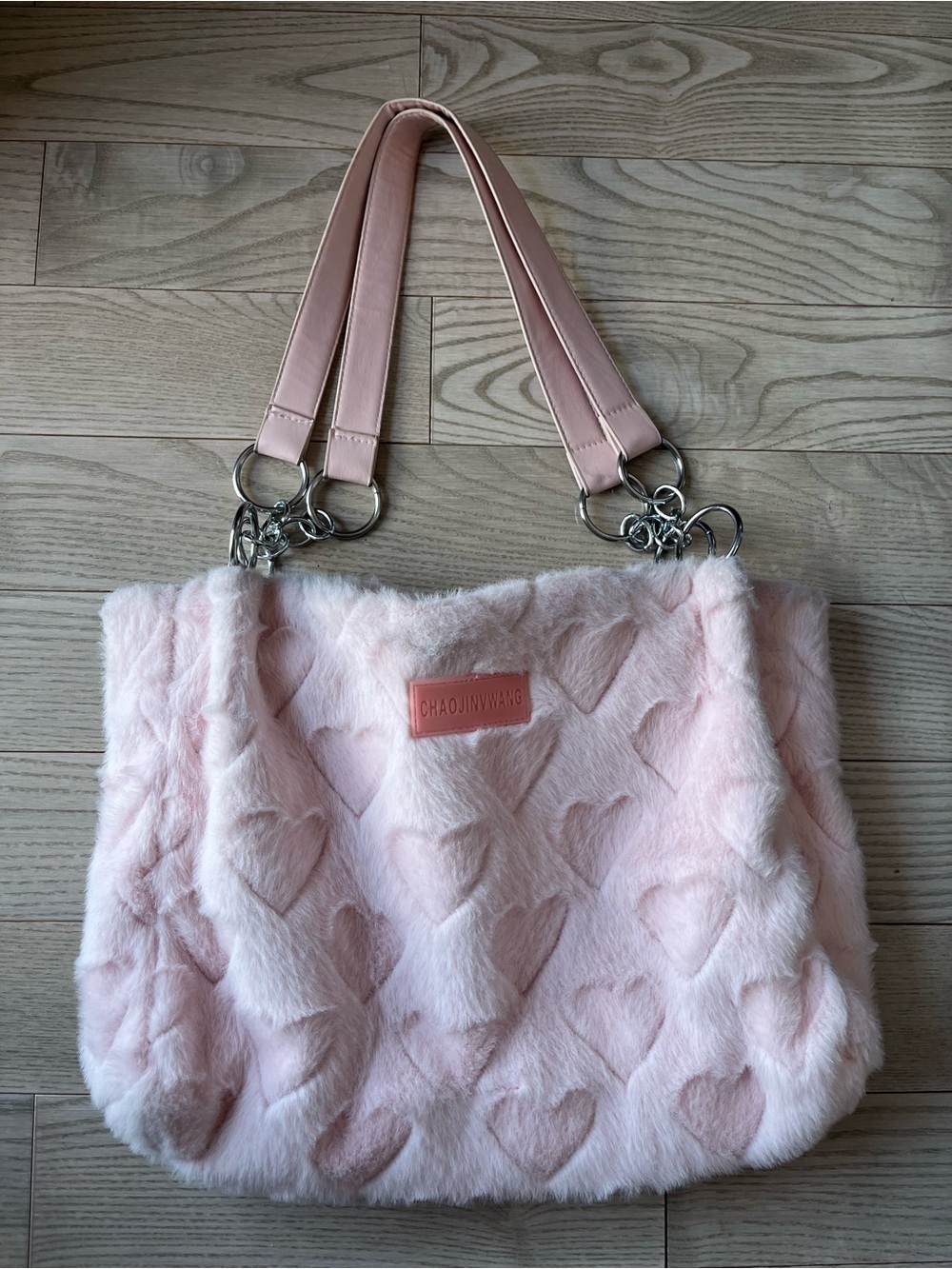 Pink Faux-Fur Heart Tote Bag with Leather Straps